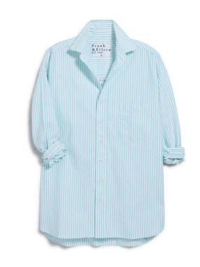 Frank & Eileen Eileen Blue Stripe Italian Linen Button Up Shirt Large